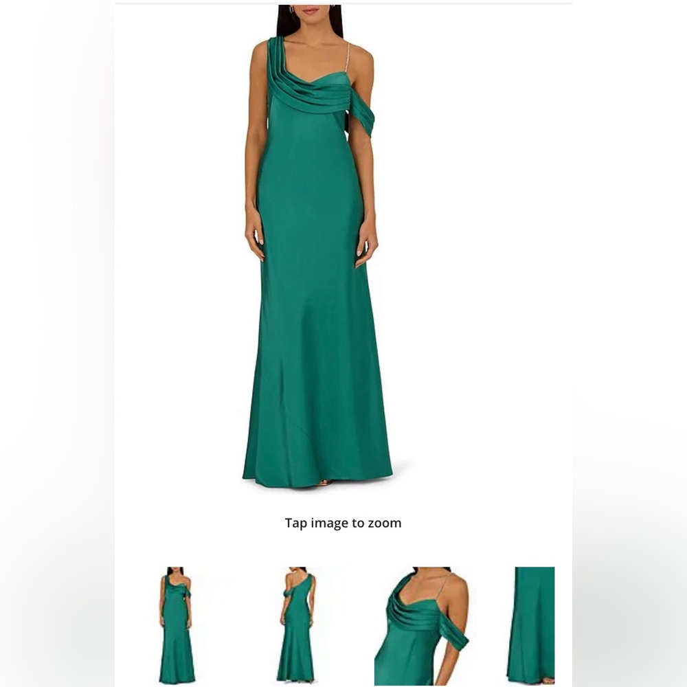 Adrianna Papell Teal Green Stretch Satin Asym Evening Gown Prom Dress 2